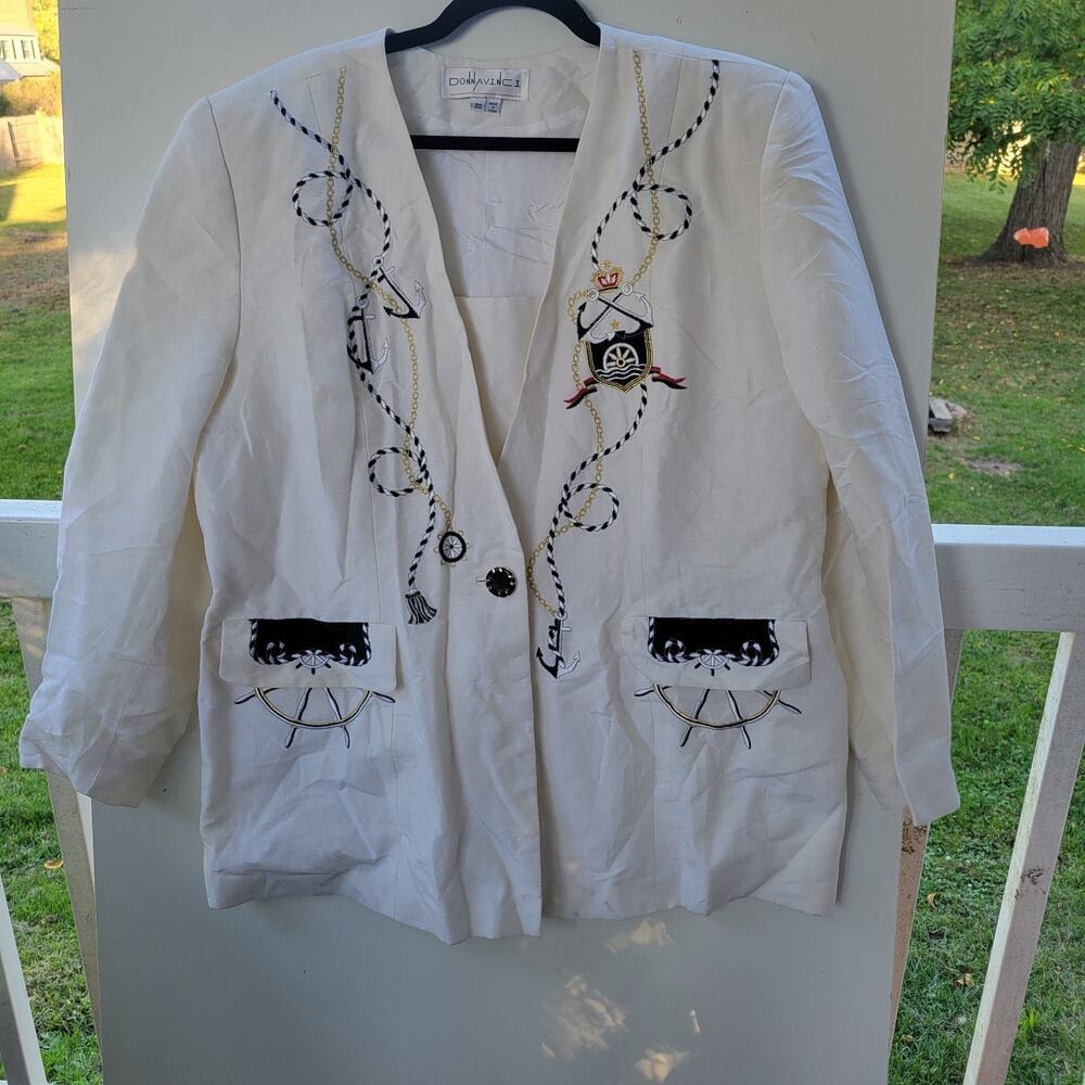 Donna Vinci Women's Blazer Size 20 White Nautical Embroidered Linen Blend...